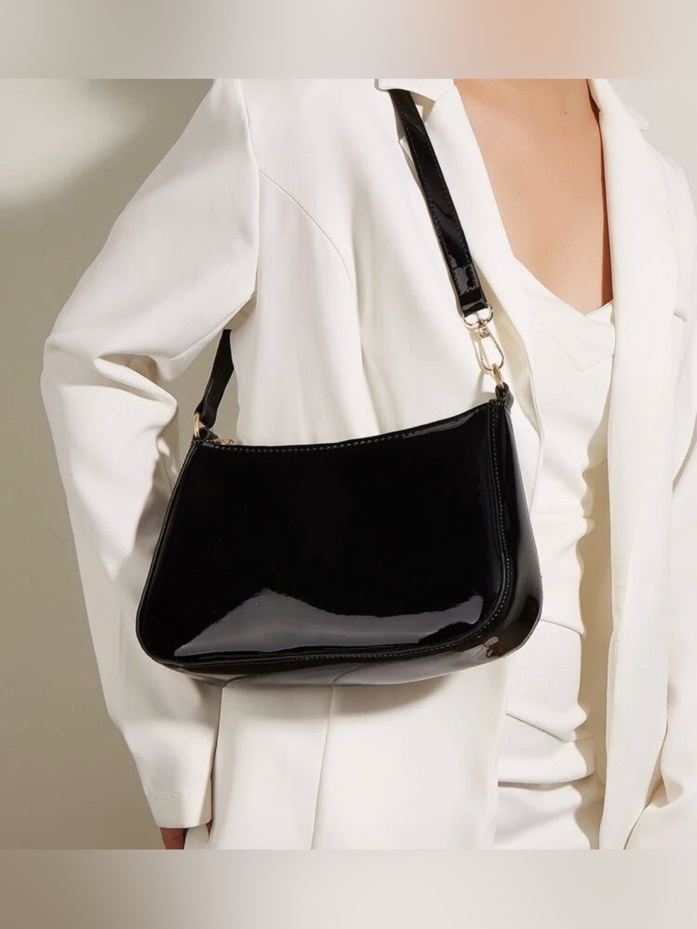 SHEIN Black Patent Shoulder Bag – Mini Baguette Style